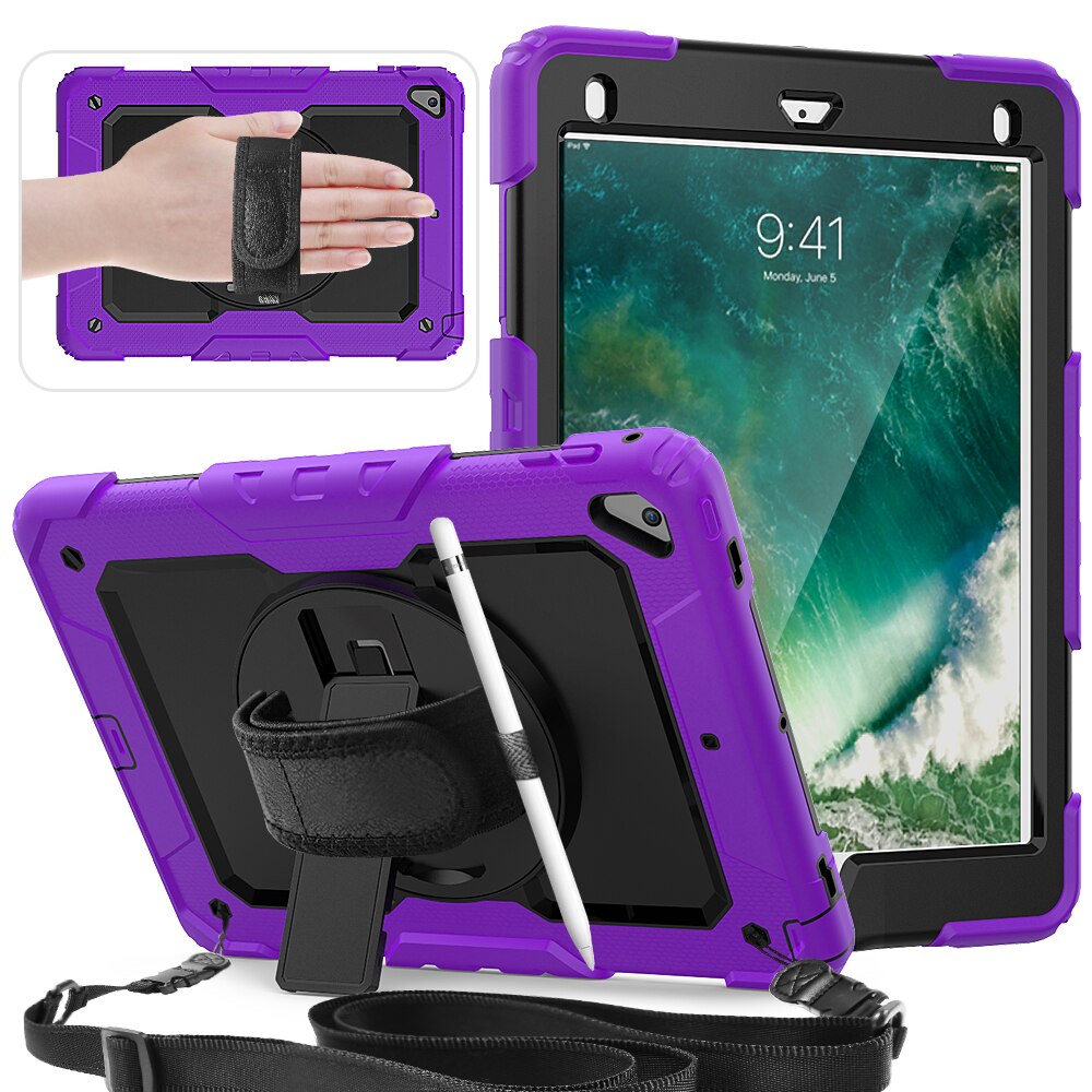 Universal Though Rugged Case for ipad air 2 6th 5th gen pro 9.7 inch Hand Strap cases with Kickstand Stand and Shoulder Strap: PURPLE