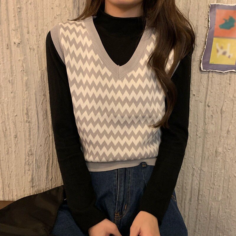 Korean Loose Knitted Sweater Vest Women Retro V-neck Sleeveless Sweater Vests Bottoming Tops