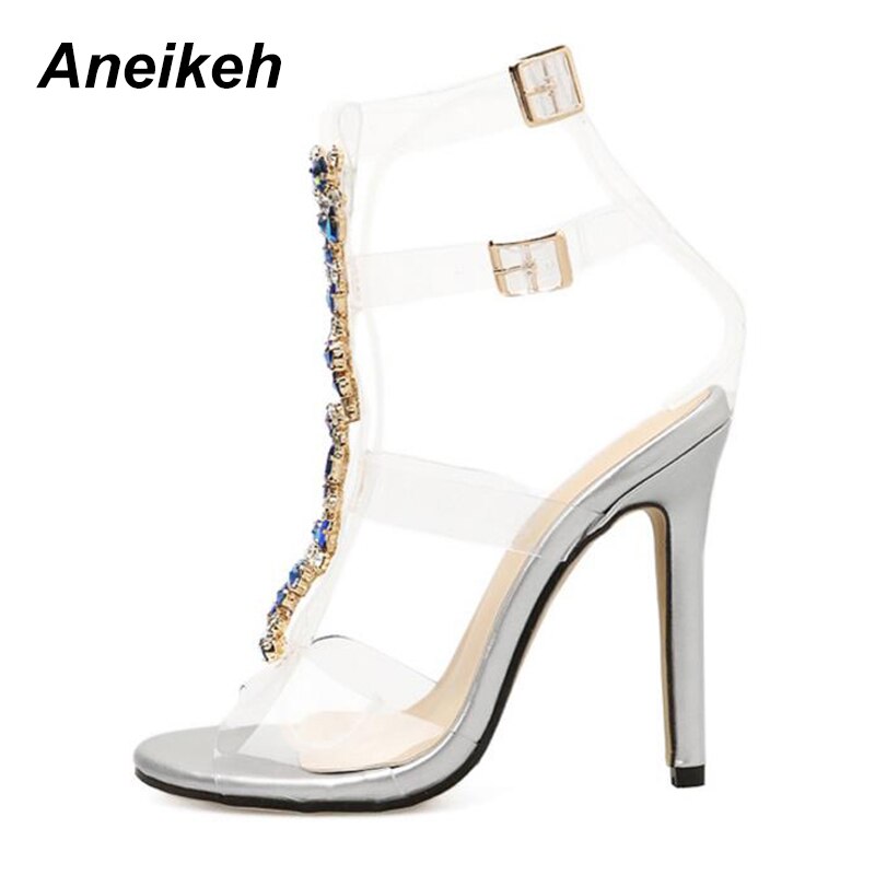 Aneikeh Zilveren vrouwen Sandalen Sexy PVC Transparant Gladiator Sandalen Vrouw Open Teen T-strap Strass Hoge hak Schoen