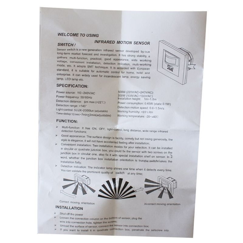 Infrared PIR Motion Sensor Switch PVC Recessed Wall Lamp Bulb Switch On/Off