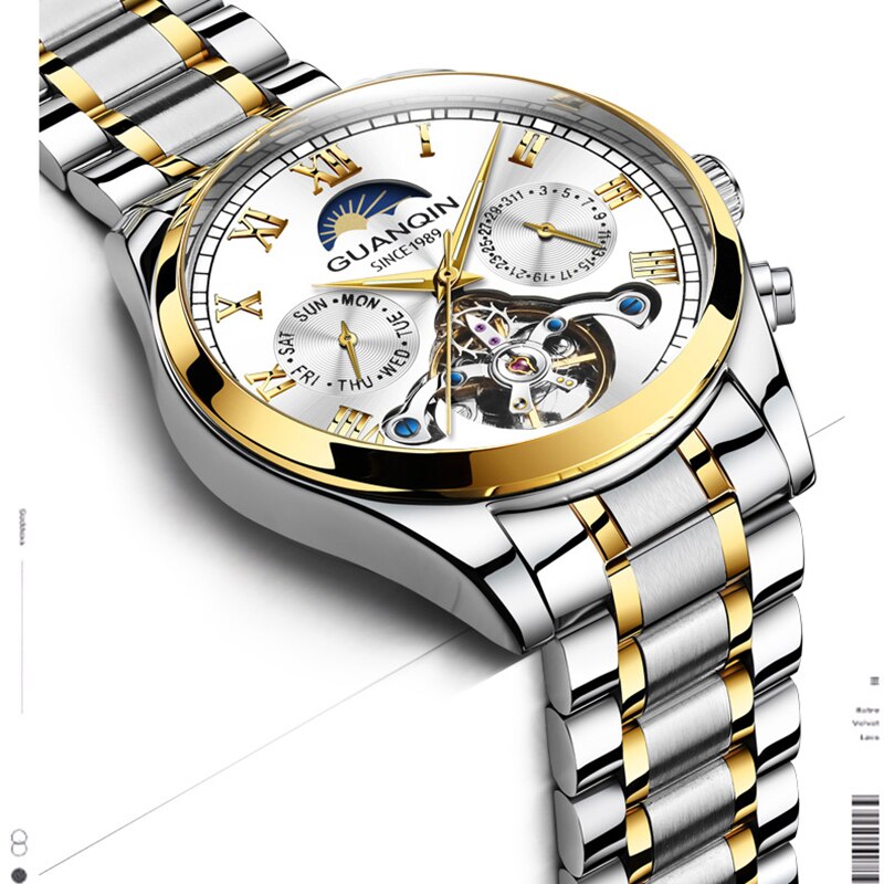 GUANQIN-Reloj de GJ16149-Men, Tourbillon automático, mecánico, resistente al agua 30M, con caja de acero inoxidable luminosa