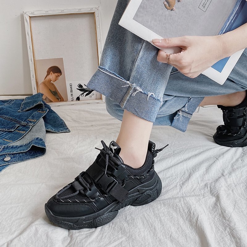 Platå sneakers för kvinnor höst chunky casual skor märke kvinna 5cm höga vulkaniserade skor tenis hona svart
