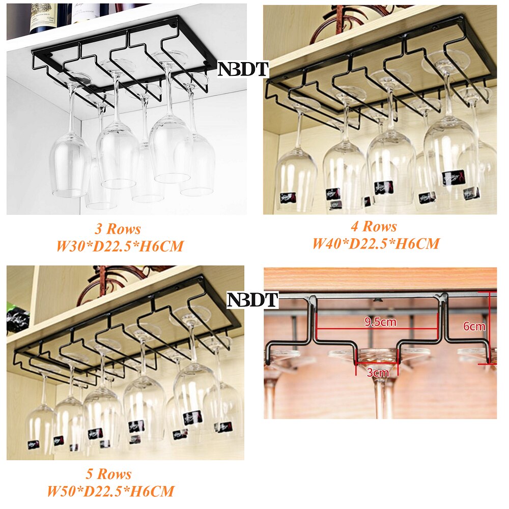Porte-verre à vin monté sur le dessus | Support sous le meuble, verres à pied, organisateur en fer rustique, cintre de rangement noir, blanc or 3 4 5 rangée