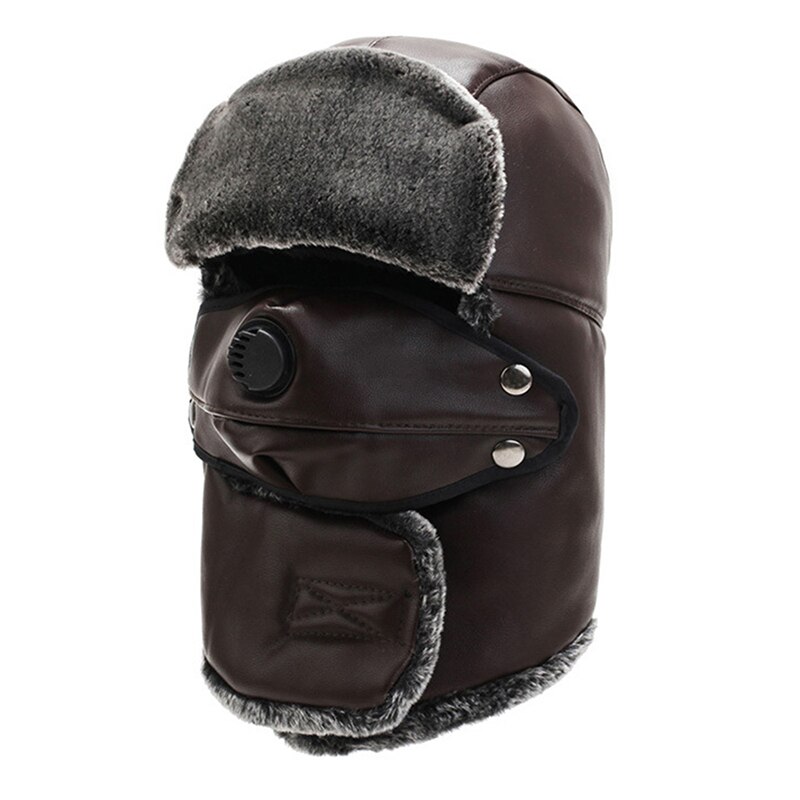 Fur Leather Russia Army Mask Hat Thick Warm Winter Outdoor Hat Bomber Hat Waterproof Hat LeiFeng Hat Full Protectional Hat: brown
