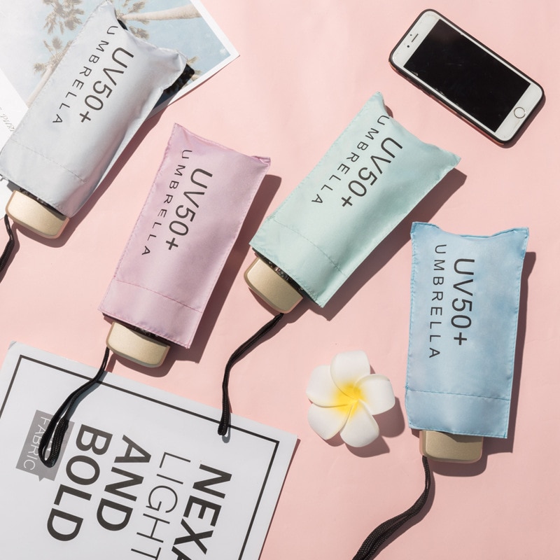 Paraguas portátil de bolsillo para mujer, sombrilla pequeña con protección solar, Anti UV, cinco pliegues, para viajes