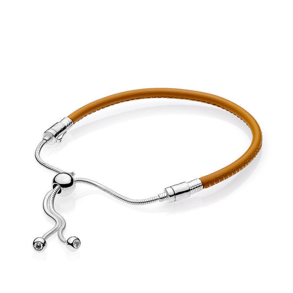 Kakany 100% 925 prata esterlina explosão de amantes jóias brilhante arco momentos dourado tan couro deslizante preto: 7