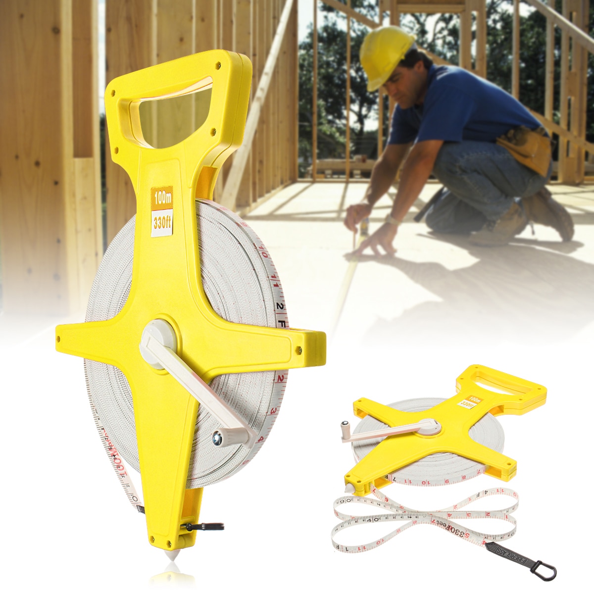 100M Surveyor Builders Handle Fiberglass Measure Tape Open Reel Measuring Tape 100 Metre Metric Measure Tool