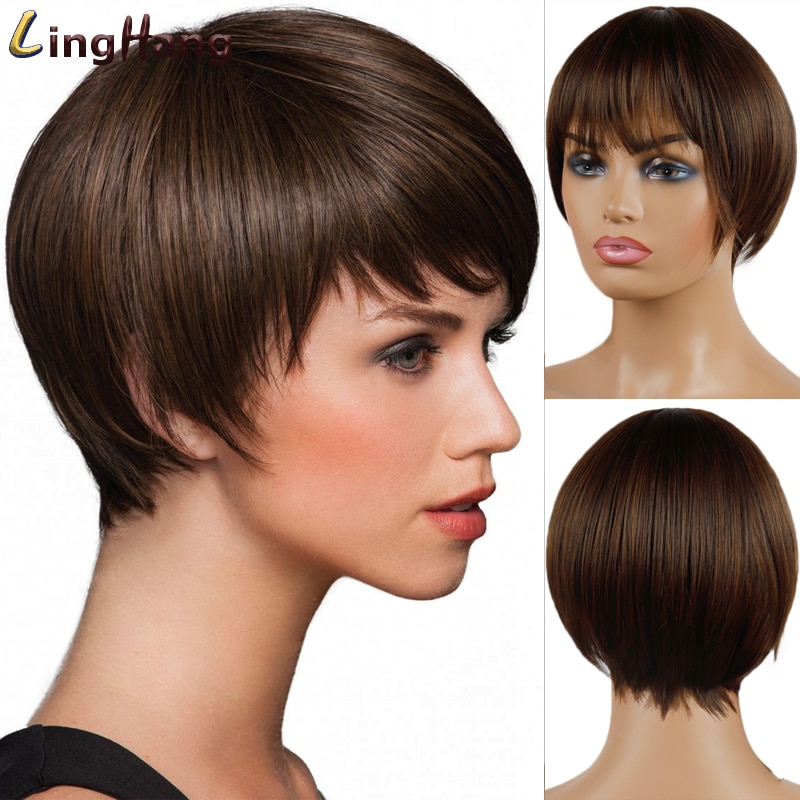 LINGHANG, peluca recta en color rojo corto, gris, pelucas de pelo Pixie con estilo cortado para mujeres, pelo sintético, fibra de alta temperatura