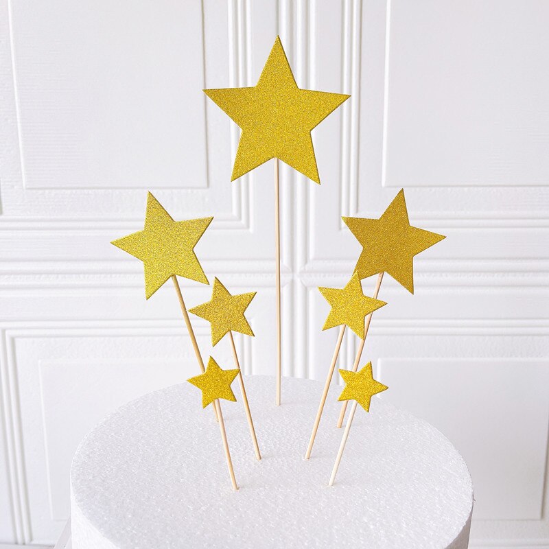 Tarjeta de decoración para tarta de cumpleaños de 7 piezas, estrella de cinco puntas, tarjeta de estrella de amor roja para San Valentín, accesorios para hornear, adorno para pastel: XX-gold