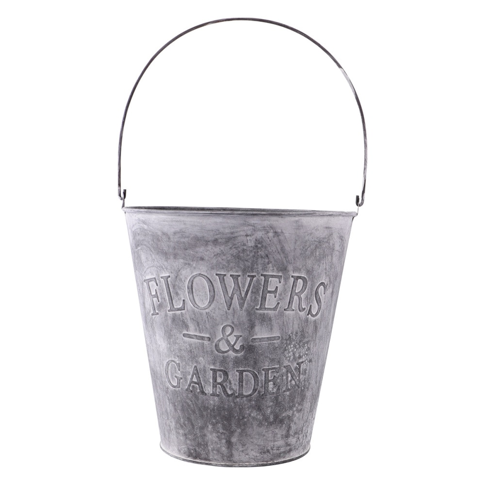 Garden Wrought Iron Pail Simulation Round Iron Bucket Flower Pot Metal Flower Bucket for Home - Size L(Light Grey)