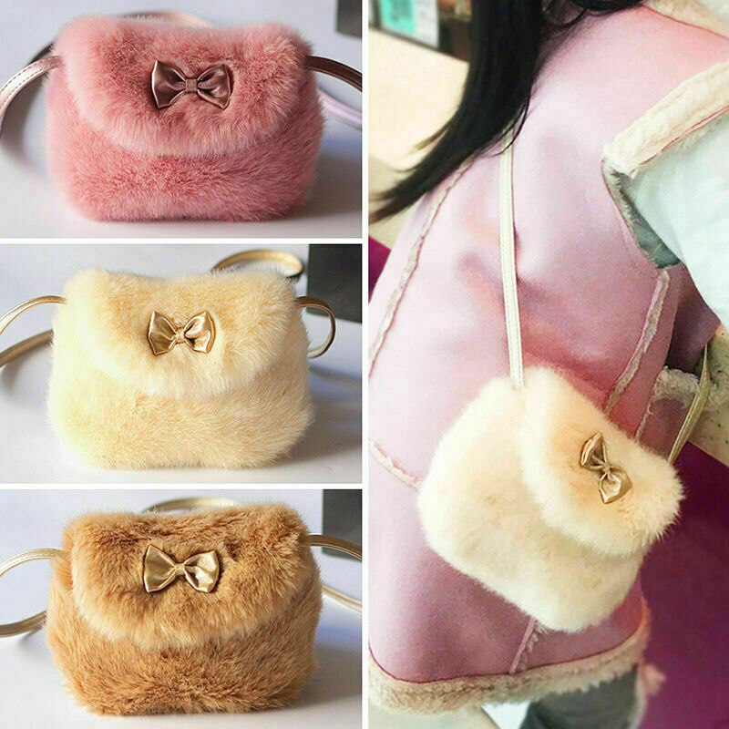 Soft Faux Fur Kids Handbag Cute Baby Girls Mini Bowknot Crossbody Bags small Shoulder Bag Purse Wallet white Pink Bag