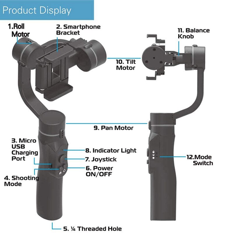 H2 3 Achse Handheld Gimbal USB Ladung Video Rekord Universal- Einstellbare Richtung Smartphone Stabilisator mit Stand