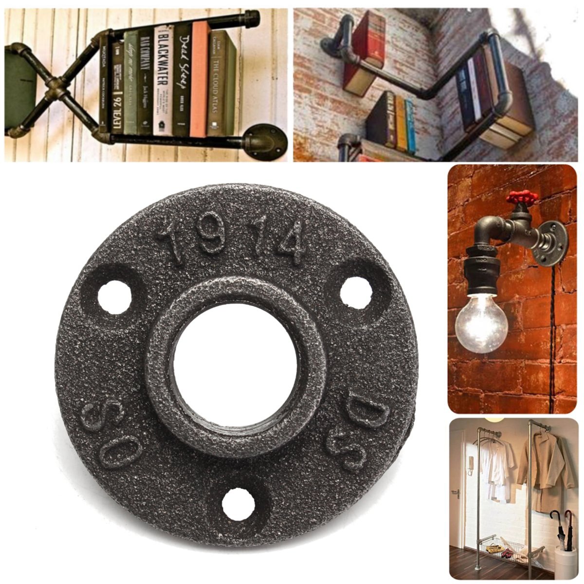 1Pcs Black Decorative Malleable Iron Floor/Wall Flange Malleable Cast Iron Pipe Fittings BSP Threaded Hole 1/2"