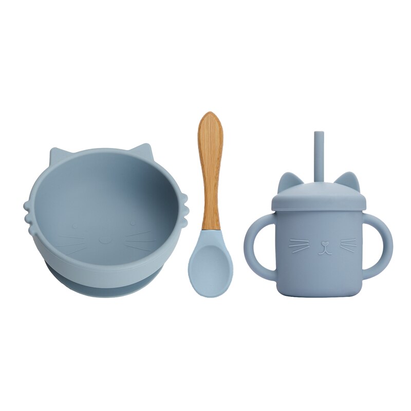 Siliconen Babyvoeding Servies 3 Stks/set Siliconen Zuignap Cup Kat Strokop Kinderen Antislip Keuken Benodigdheden Bpa gratis: 3PCS Powder blue