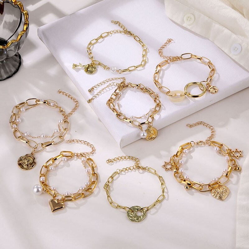 DAXI Boho Braccialetti D'oro per Le Donne Della Perla di Modo punk Della Catena Del Braccialetto Delle Donne Accessori Dei Monili per Le Donne del Regalo Del Braccialetto Pendenti E Ciondoli