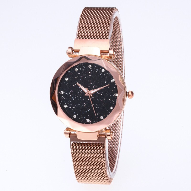 Luxe merk dameshorloge met diamanten wijzerplaat, dameshorloge met magnetische stalen armband en sterren, waterdicht horloge: Roségoud