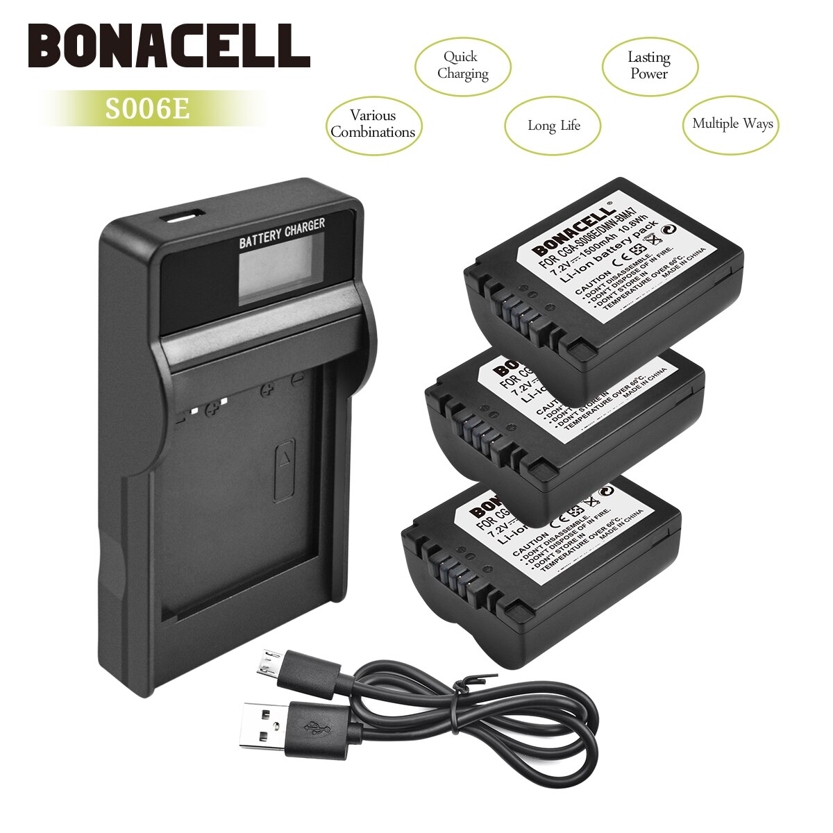 Bonacell 1500mAh CGA-S006 CGR CGA S006E S006A S006 DMW-BMA7 Battery+LCD Charger for Panasonic DMC FZ7 FZ8 FZ18 FZ28 FZ50 L10: 3X Battery Charger