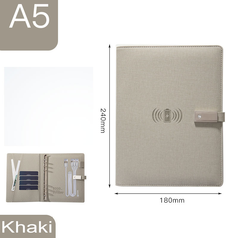 Power Bank – agenda A5 avec chargeur sans fil, 8000 MAh, agenda intelligent, reliure à feuilles mobiles, planificateur spiralé pour bureau: khaki