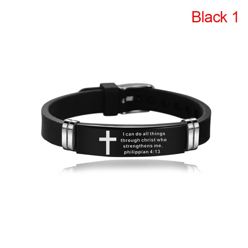 Cruz Biblia Cristiana hombres pulsera ajustable longitud pulseras de silicona pulsera escritura amor nunca falla joyería masculina: black 1