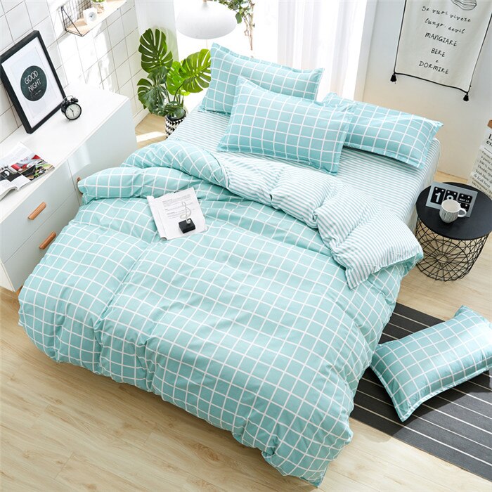 JDDTON Home Textile Fresh Mint Green Plaid Bedding Sets Bed Linen Duvet Cover Set AB Side Bed Sheet Pillowcase Cover BE088: Twin