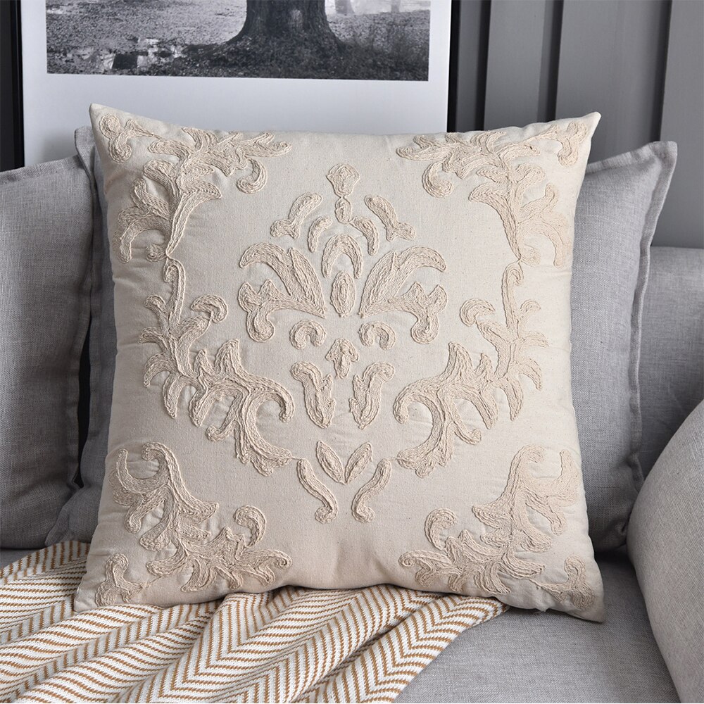 Funda de almohada de estilo bohemio, cubierta de cojín bordada de hilo de cuerda de color Beige europeo, decoración del hogar de lino y algodón, funda de almohada étnica de 50x50cm