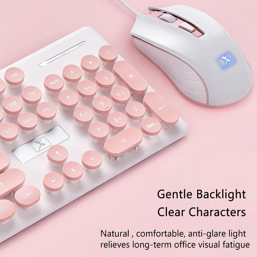 Portable Retro Pink Keyboard Mouse Kit Wired Steampunk Gaming Keyboard with Round Key Cap Multimedia Button Keyboard Mouse Set