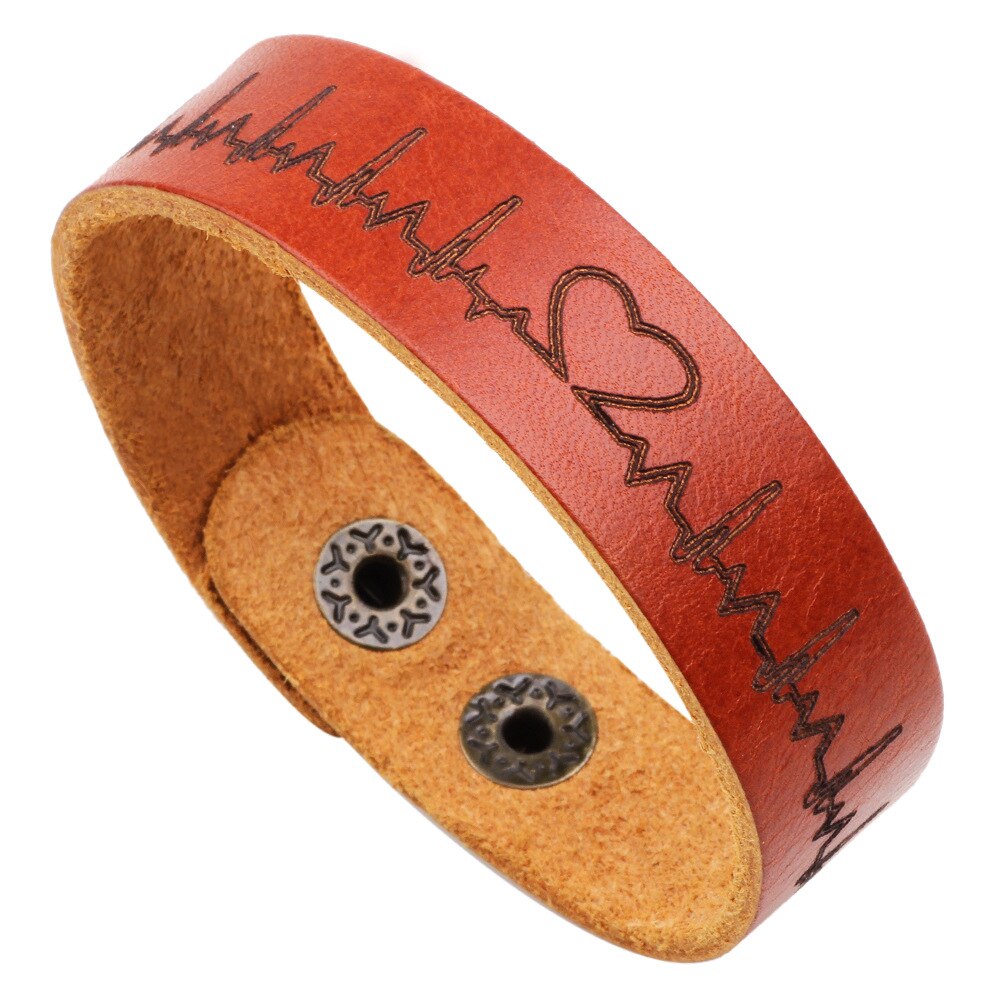 Charmsmic heren brede leren armbanden met ecg-hartpatroon voor geliefden, koppels, verjaardagen en bruiloften.