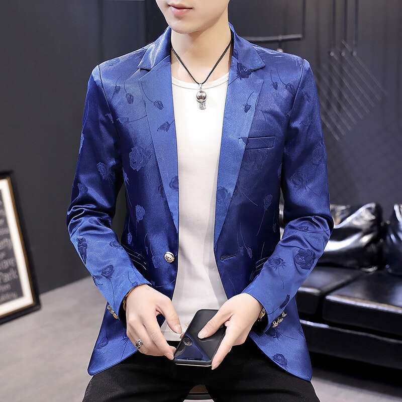 Men Autumn Clothing Printed Casual BLAZER Teenager Slim Fit Business Blue Pattern BLAZER