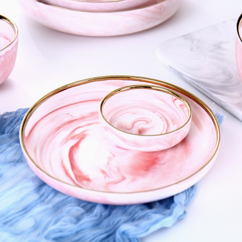 Plato cerámico rosa de mármol, 1 Uds., plato para comida, arroz, ensalada, fideos, Bol, sopa, plato de porcelana, juegos de vajilla, herramienta de cocina