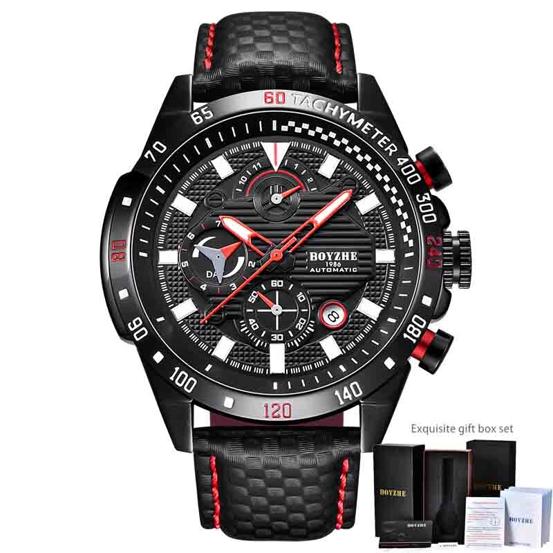 BOYZHE Sport Automatische Uhr Männer Edelstahl Chronograph Herren Mechanische Uhren Auto Datum Luxus montre homme: Schwarz Leder