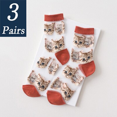 3 par kvinnor och #39 sommar genomskinliga nätstrumpor tecknad söt kattstrumpa bomull glasfilament tunna damstrumpor som andas: 6