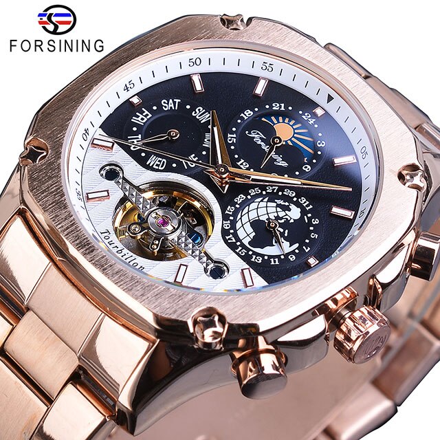 Forsining Mens Mechanische Horloges Super Grand Automatische Moonphase Tourbillon Aarde Datum Rose Gold Steel Belt Horloge Relogio: GMT1158-12