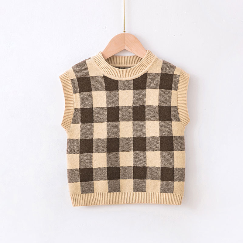 Plaid Toddler Sweater Vests Cotton Boys Girls Pullover Baby Knitted Wear 1-6y Fall Winter Children Tops Kids Clothes: 130(6y)