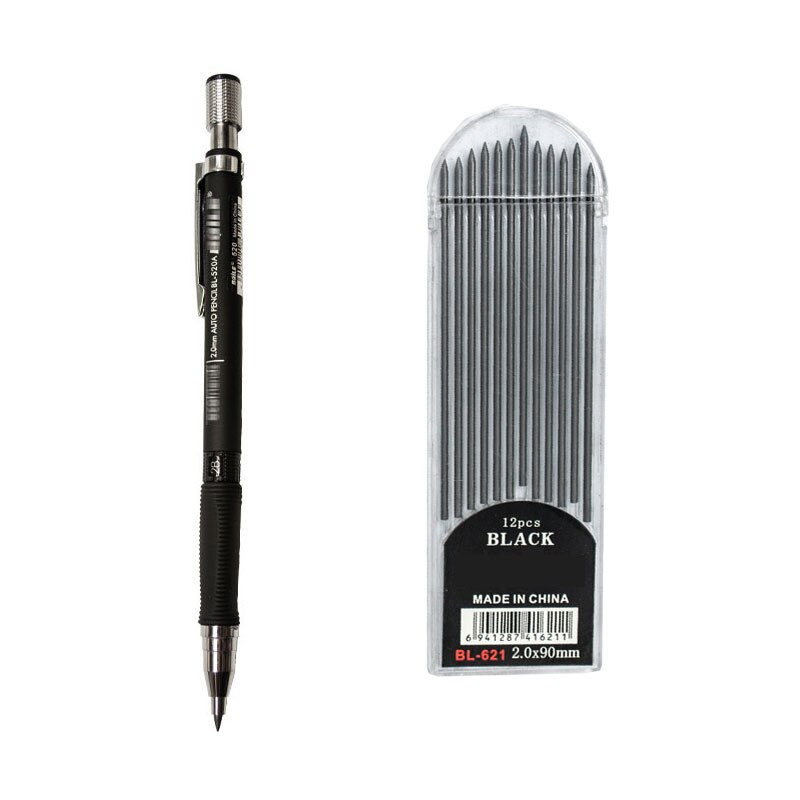 Automatic Mechanical Pencil 2.0mm Thick Writing Point Pencil Drawing Painting Black Refills School Office Stationery: 1 Pen BK Refills-BK