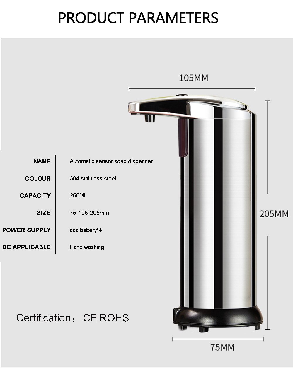 Automatic Sensor Soap Dispenser 304 Stainless Steel Infrared Sensor Hand Sanitizer Bottle Dispenser Touchless Soap Dispenser