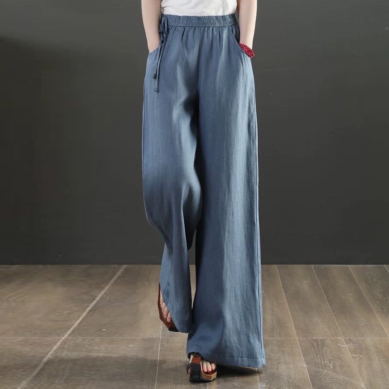 Pantaloni larghi in vita elastica in lino pantaloni Casual da donna in tinta unita allentati letterari 2022 pantaloni estivi Kung Fu di nuovo stile: Color4 / M