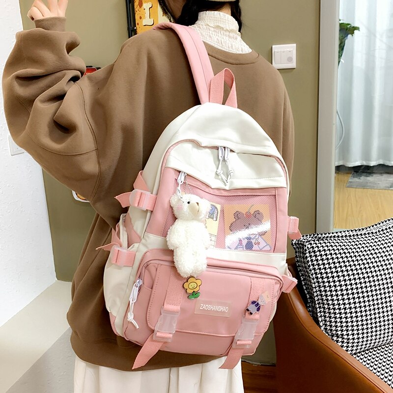 Cute Preppy School Backpacks Women Patchwork Casual Simple Retro Harajuku Schoolbags Students Couples Ins Waterproof Backpack: Pink / Only-Backpack