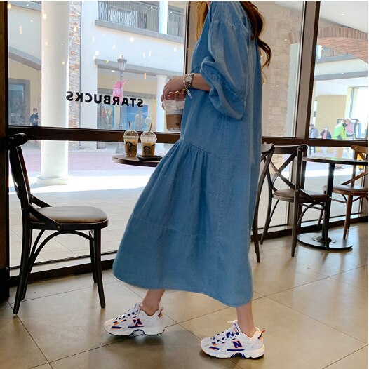 SuperAen luźna na co dzień długa obcisła solidna latarnia rękaw w połowie łydki sukienki damskie