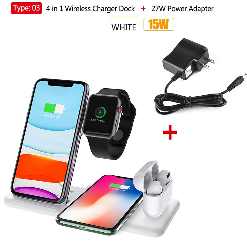 4in1 Qi Wireless Charge Station Foldable Base 15W Fast Wireless Charging for Samsung S20 S10 Huawei Apple iWatch 5 4 3 Airpods 2: T3 15W White Adapter