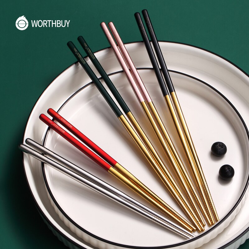 WORTHBUY 5 Pairs Juego de coloridos palillos chinos de acero inoxidable 304 para palillos de comida de Sushi palillos chinos reutilizables antideslizantes