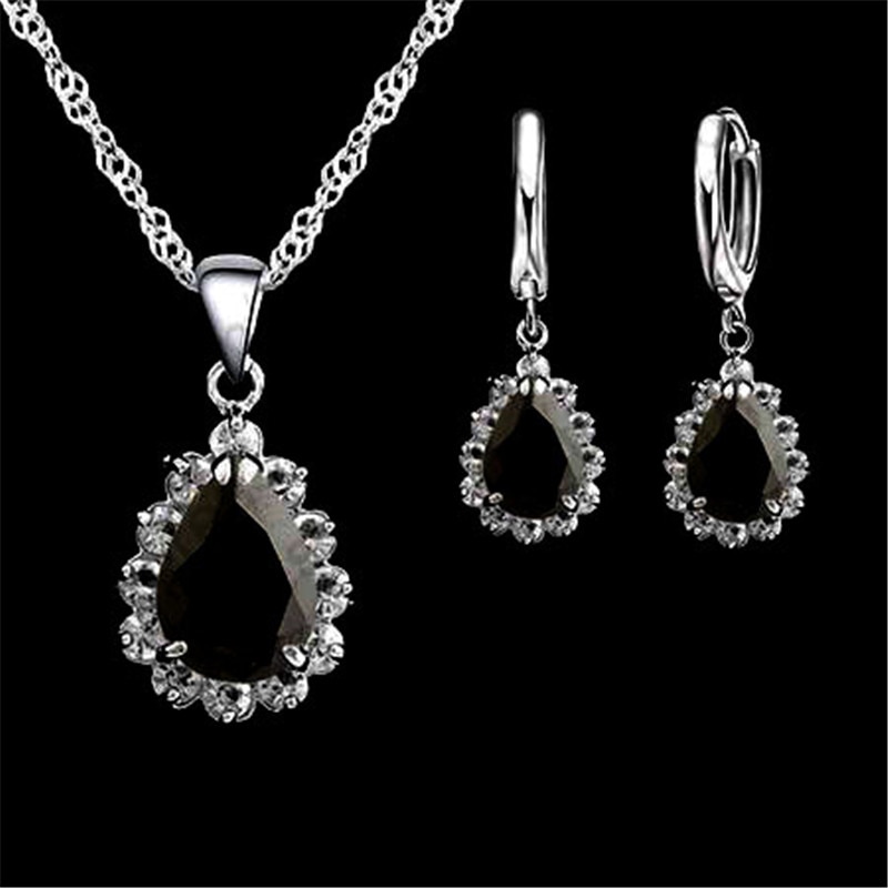 925 Sterling Silver Earrings Necklace Sets Pink/Blue/Gray/Red/Green/Purple Drops Water The Crystal For Women Wedding