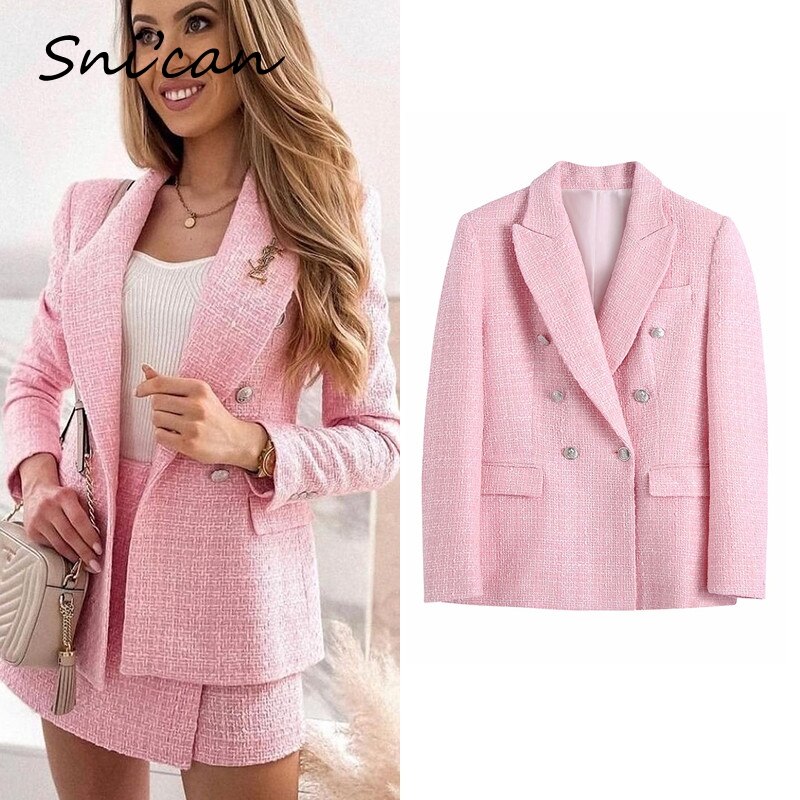 British Style Pink Tweed Jacket Coat Double Breasted With Pockets Office Ladies Chic Tops Casual Outwear Za Chaquetas