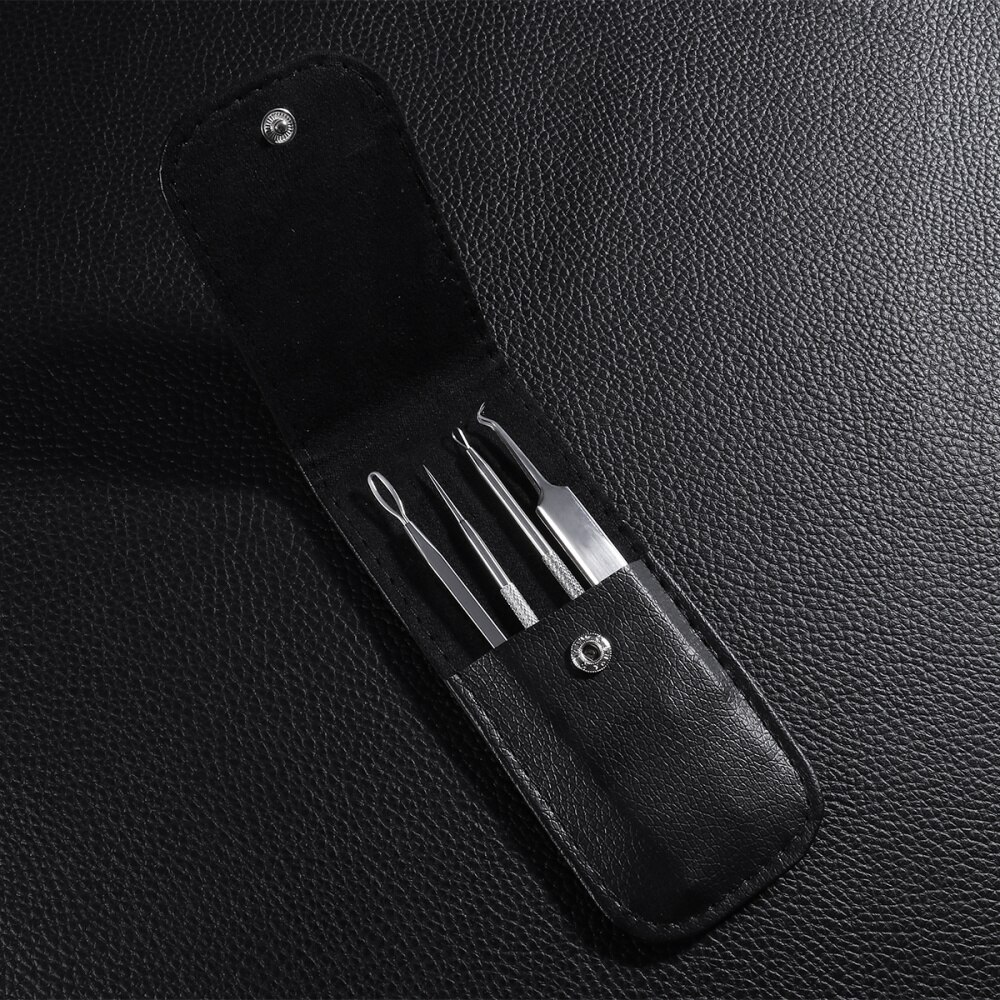 Frcolor 4pcs Blackhead Remover Pimple Comedone Extractor Tool Best Acne Removal Extraction Kit with Black Leather Case