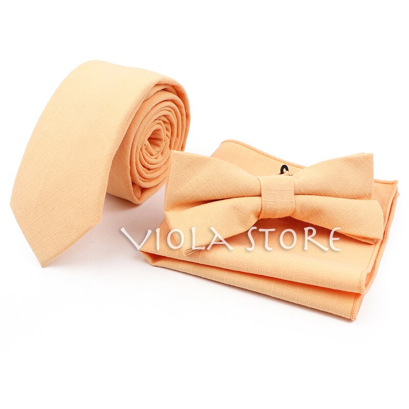 Conjunto de pañuelo de algodón para hombre, corbata de lazo, Color verde claro, rosa, naranja, sólido, 6cm, para boda, , accesorio superior: 10