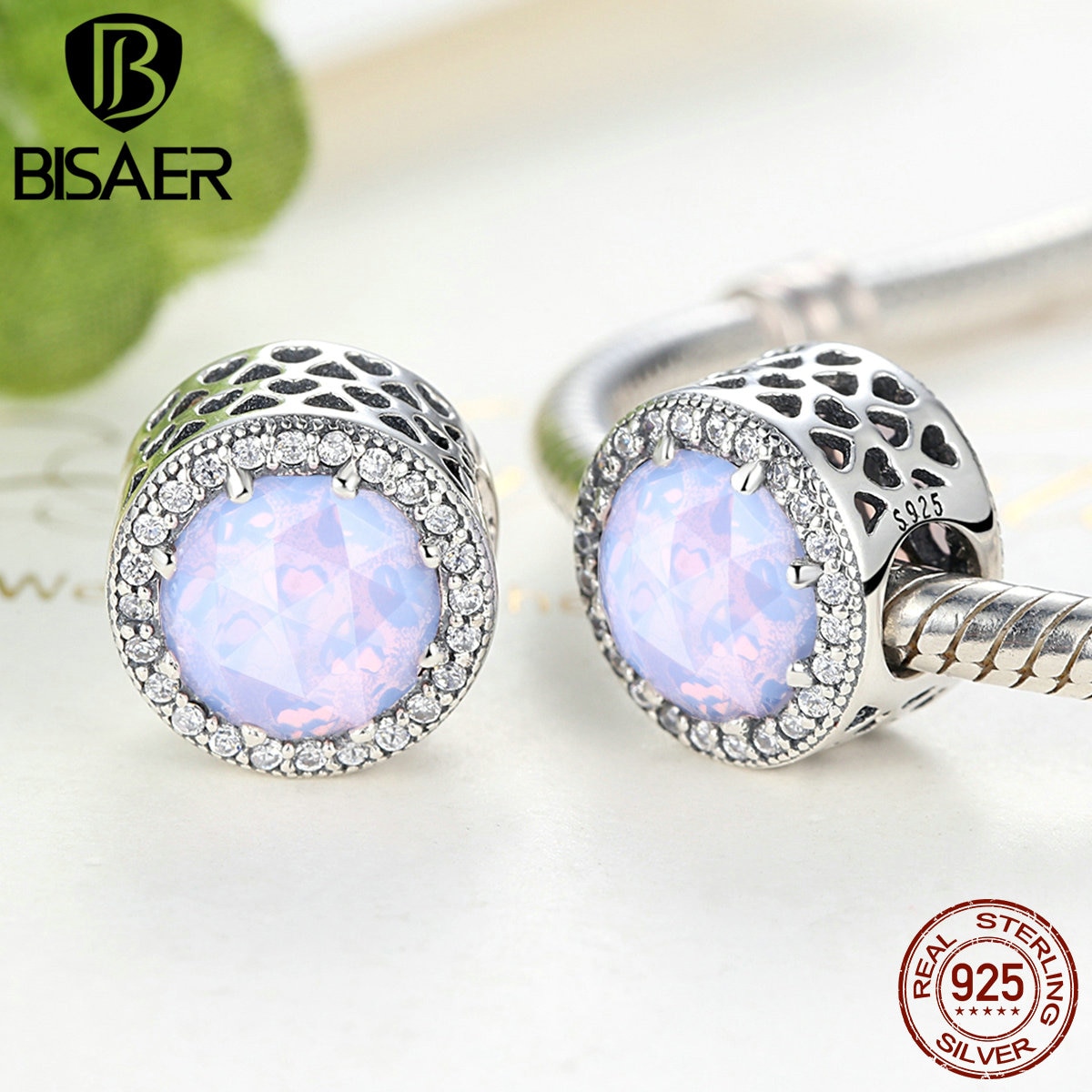 925 Sterling Silver Radiant Hearts, Pink Green Glass Crystal & Clear CZ Charms Fit BISAER Charms Silver 925 Original Bracelet