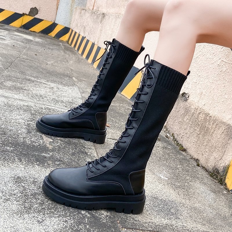 automne femmes tricot tissu élastique genou bottes hautes à lacets plate-forme longues bottes femme PU Patchwork moto Botas Mujer