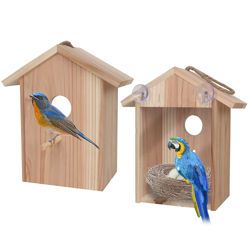 Blauw Vogels Huis Houten Raam Birdhouse Weerbestendig Vogelnest Ontworpen Met Baars Transparante Rear Voor Eenvoudig Horloge