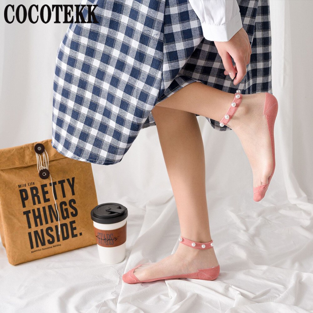 Calcetines modernos de verano para mujer, medias de malla fina, transparente, suave y fresca, con perlas brillantes