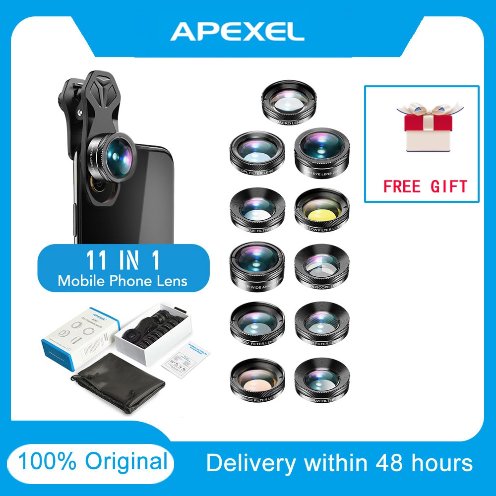 APEXEL 11 in 1 camera Phone Lens Kit wide angle macro Full Color/grad Filter CPL ND Star Filter for iPhone Xiaomi Smartphone