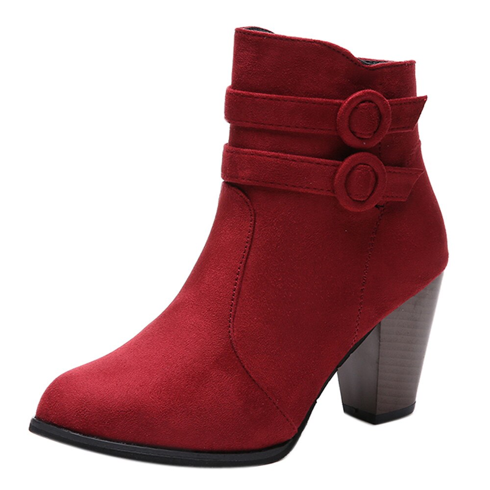 vrouwen Korte Laarzen Suede Winter Ridder Boot Gesp Mode Hoge Hak Enkel Schoenen Puntschoen Warm Bont etnische Botas: C / 37